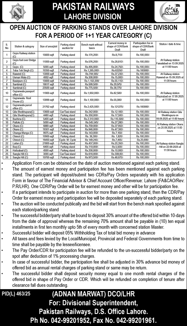 Pakistan Railways Lahore Tender Notice